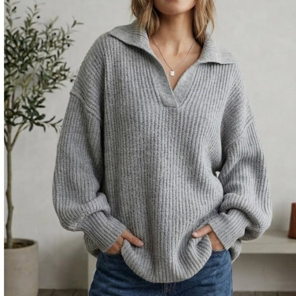 THML Gray Ribbed Collared Sweater Size M Cozy Knit Pullover Top